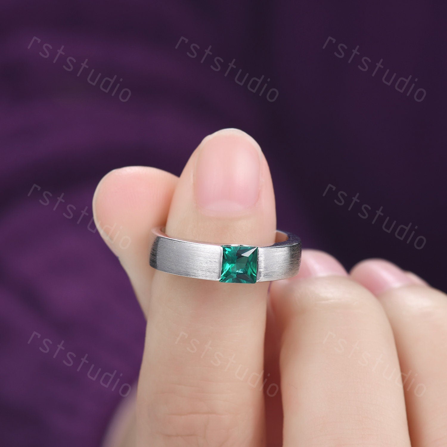 Men's Princess Cut Green Emerald Ring: 14K White Gold May Birthstone Gift For Him