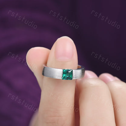 Men's Princess Cut Green Emerald Ring: 14K White Gold May Birthstone Gift For Him