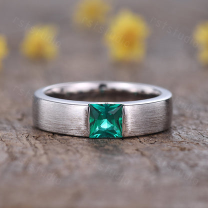 Men's Princess Cut Green Emerald Ring: 14K White Gold May Birthstone Gift For Him