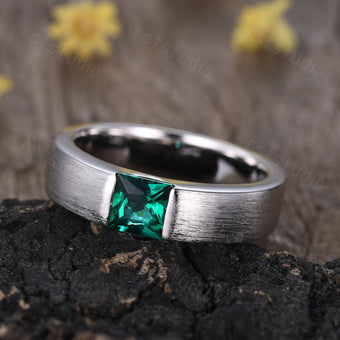 Men's Princess Cut Green Emerald Ring: 14K White Gold May Birthstone Gift For Him