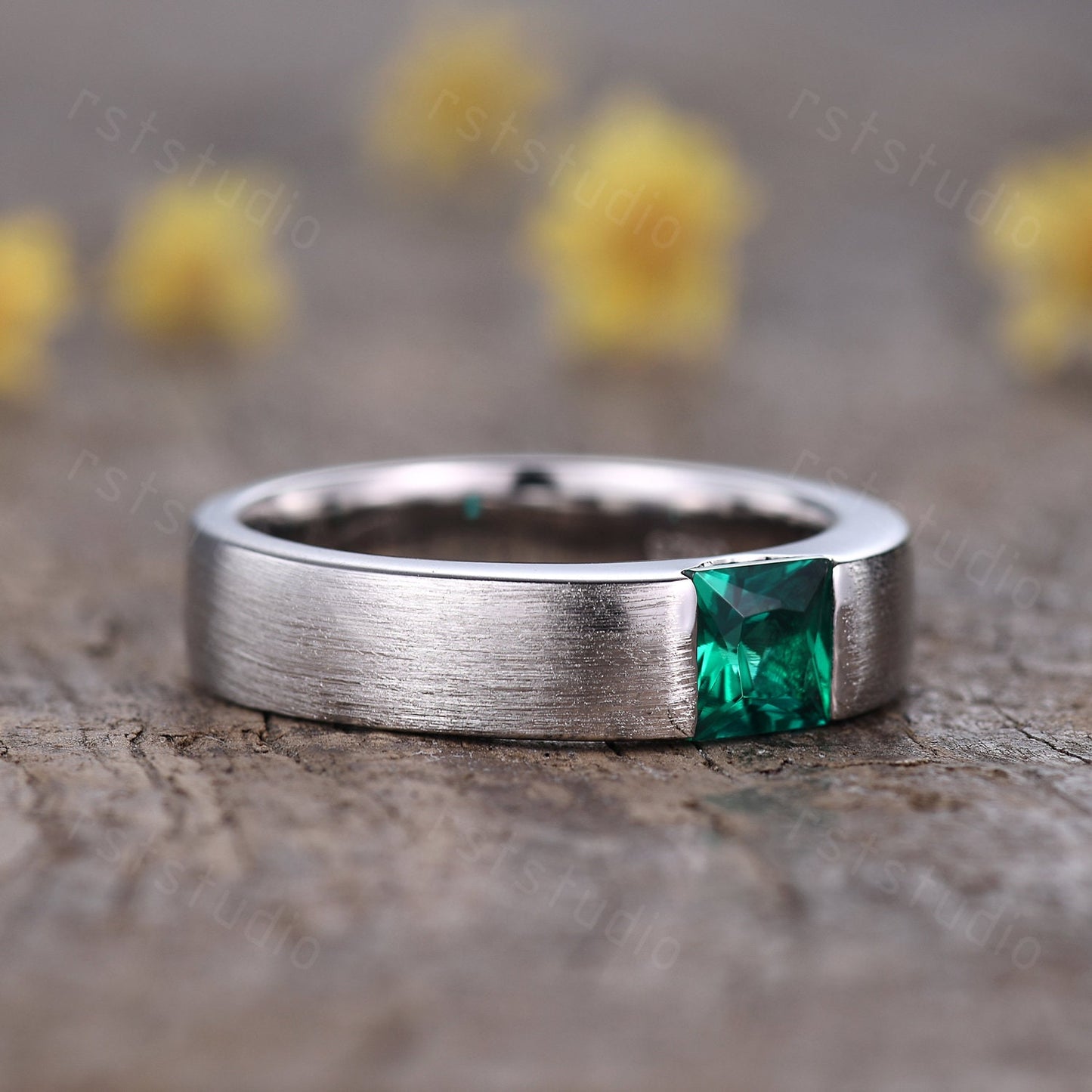 Men's Princess Cut Green Emerald Ring: 14K White Gold May Birthstone Gift For Him