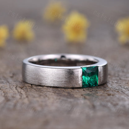Men's Princess Cut Green Emerald Ring: 14K White Gold May Birthstone Gift For Him