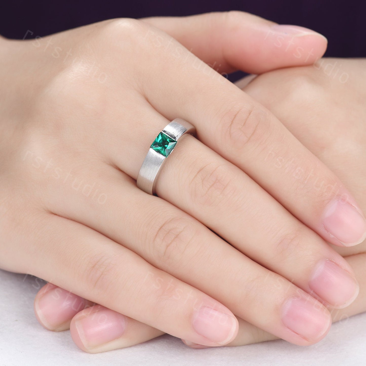 Men's Princess Cut Green Emerald Ring: 14K White Gold May Birthstone Gift For Him