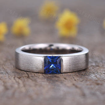 Princess Cut Blue Sapphire Ring: Brushed White Gold Mens Ring