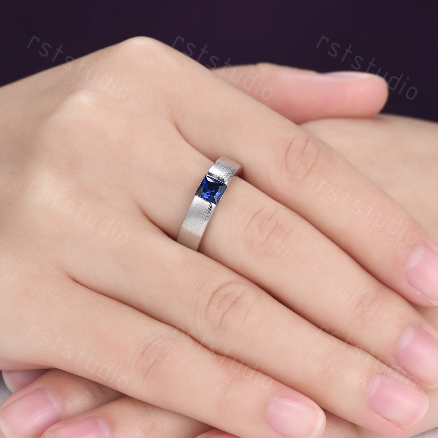 Princess Cut Blue Sapphire Ring: Brushed White Gold Mens Ring