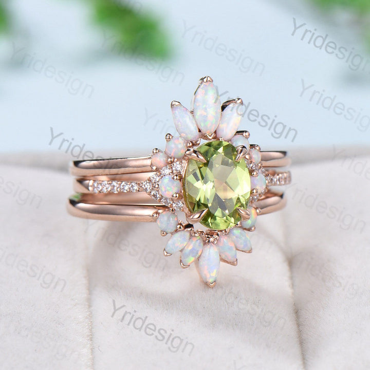 Vintage Peridot Engagement Ring Set, Opal Rose Gold Art Deco Wedding Rings - PENFINE