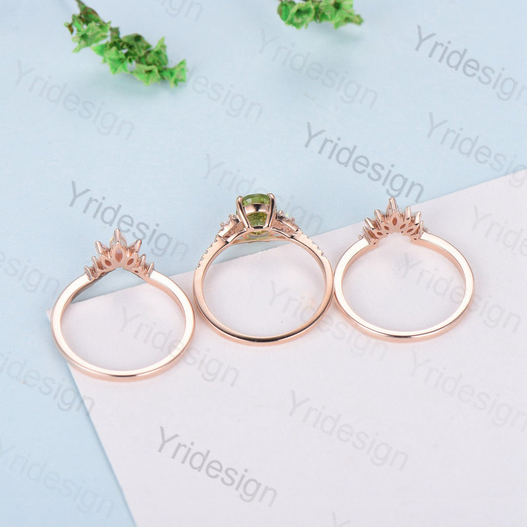 Vintage Peridot Engagement Ring Set, Opal Rose Gold Art Deco Wedding Rings - PENFINE