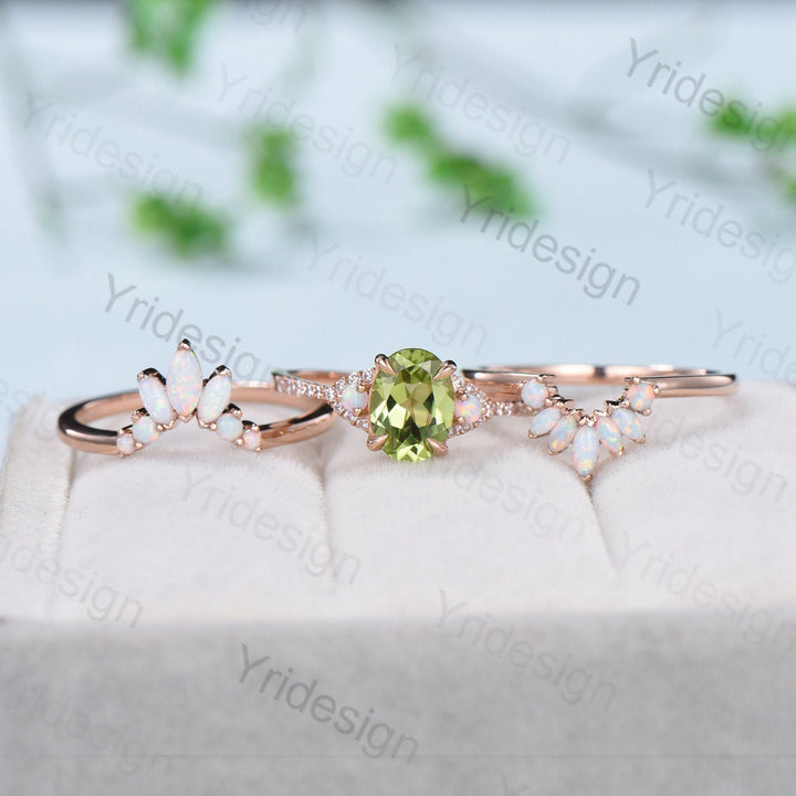Vintage Peridot Engagement Ring Set, Opal Rose Gold Art Deco Wedding Rings - PENFINE