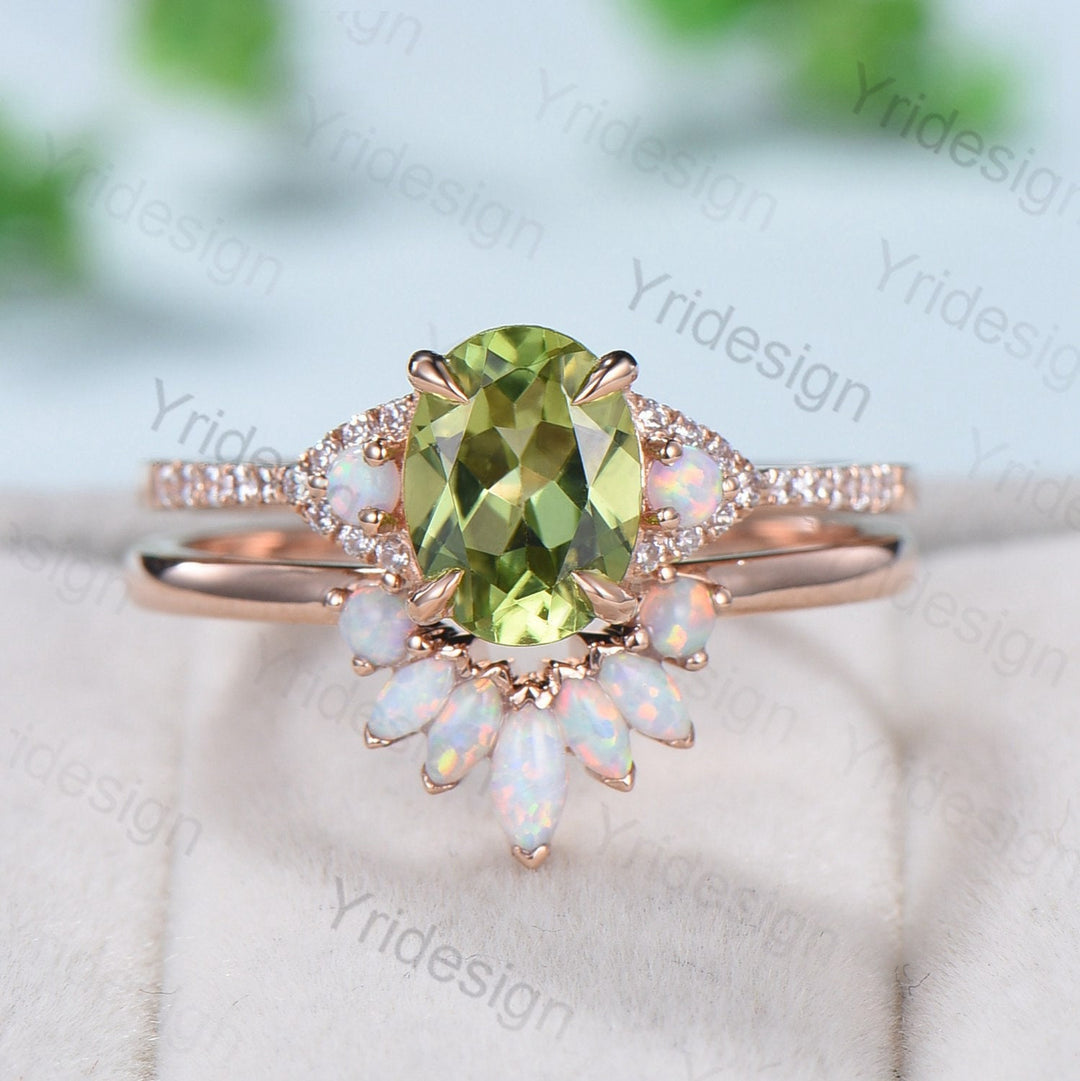Vintage Peridot Engagement Ring Set, Opal Rose Gold Art Deco Wedding Rings - PENFINE