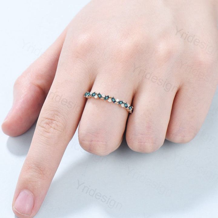Vintage Baguette Alexandrite Moissanite Eternity Wedding Band Unique Color Change Stackable Ring Art Deco Matching Band Anniversary Gift - PENFINE