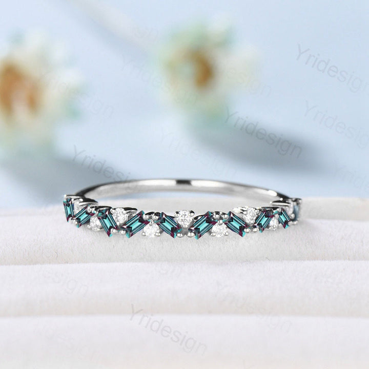 Vintage Baguette Alexandrite Moissanite Eternity Wedding Band Unique Color Change Stackable Ring Art Deco Matching Band Anniversary Gift - PENFINE