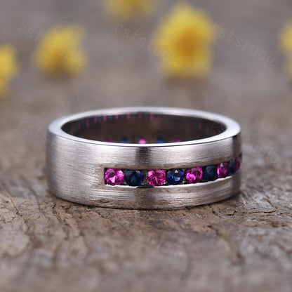 Handmade 14K White Gold Mens Ring: Sapphire & Ruby Vintage Promise Ring