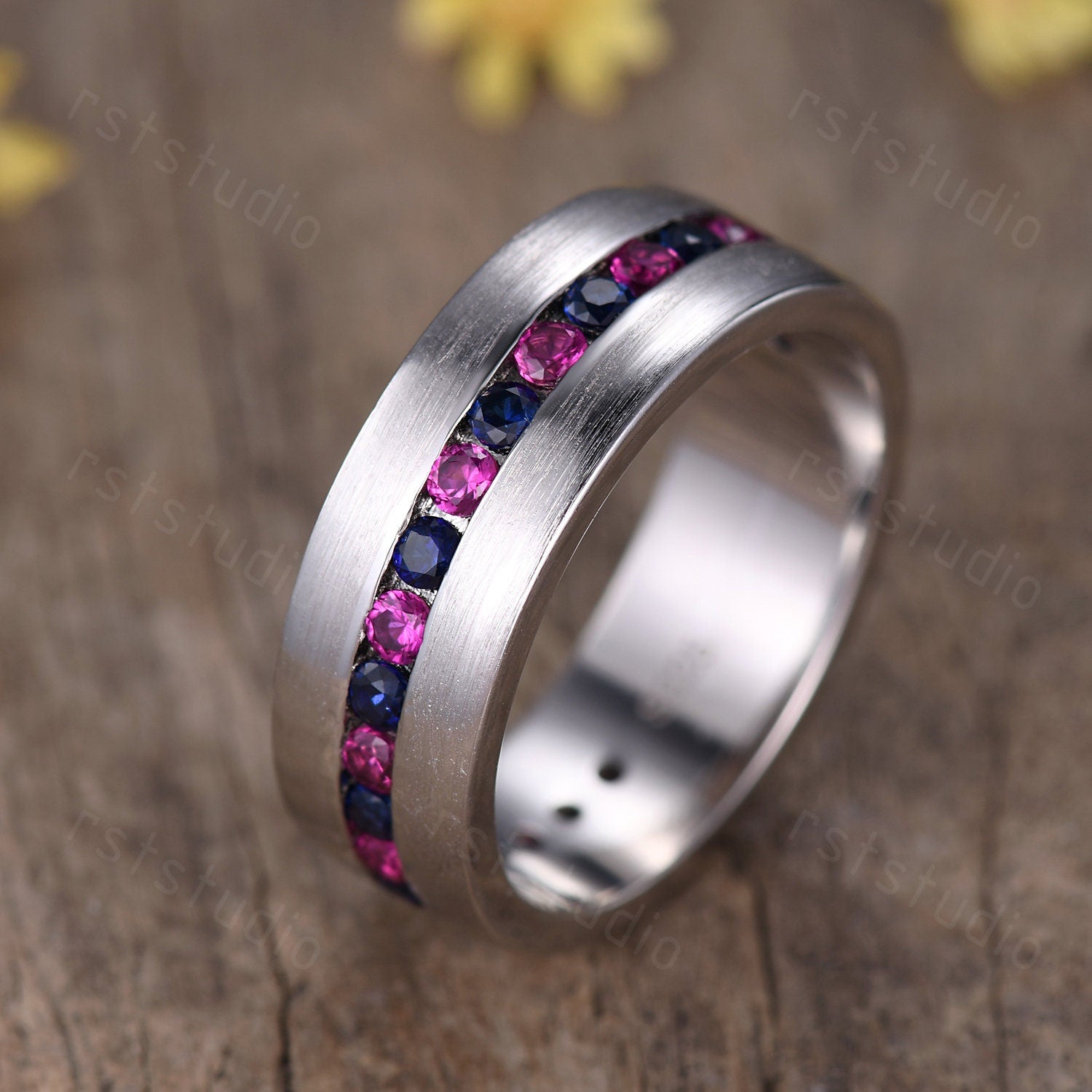 Handmade 14K White Gold Mens Ring: Sapphire & Ruby Vintage Promise Ring