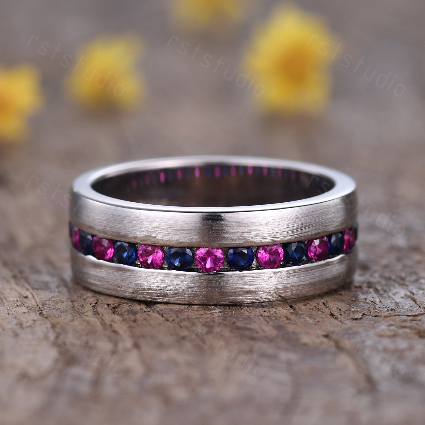 Handmade 14K White Gold Mens Ring: Sapphire & Ruby Vintage Promise Ring