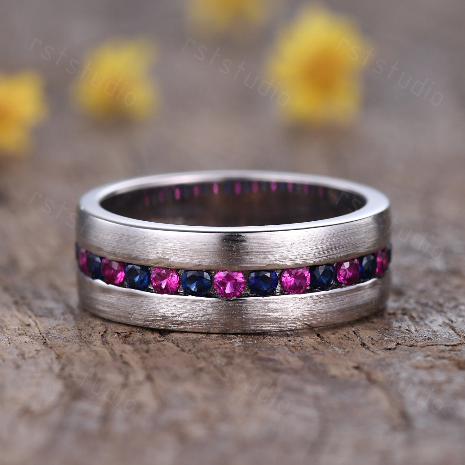 Handmade 14K White Gold Mens Ring: Sapphire & Ruby Vintage Promise Ring