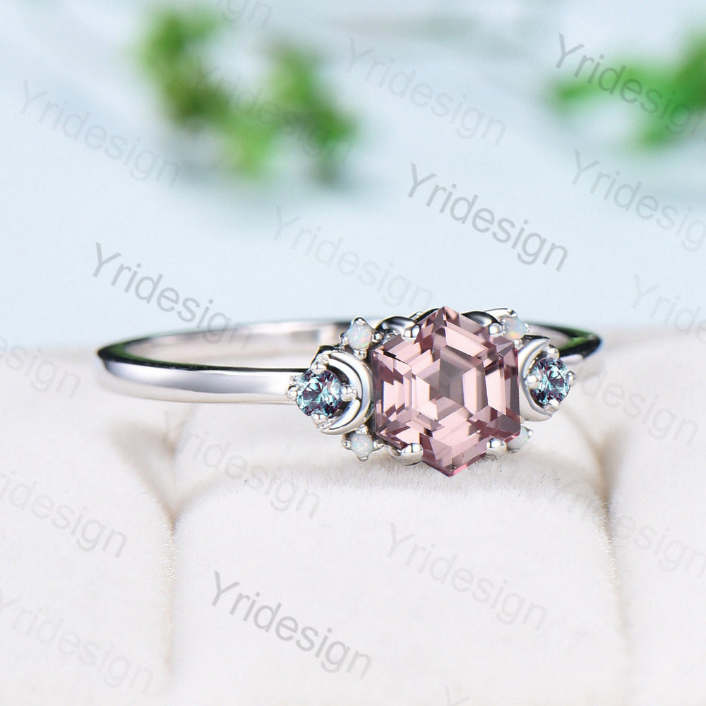 Vintage Moon Pink Sapphire Ring Unique Nature Inspired Hexagon Sapphire Engagement Ring Alternative Alexandrite Opal Wedding Ring For Women - PENFINE