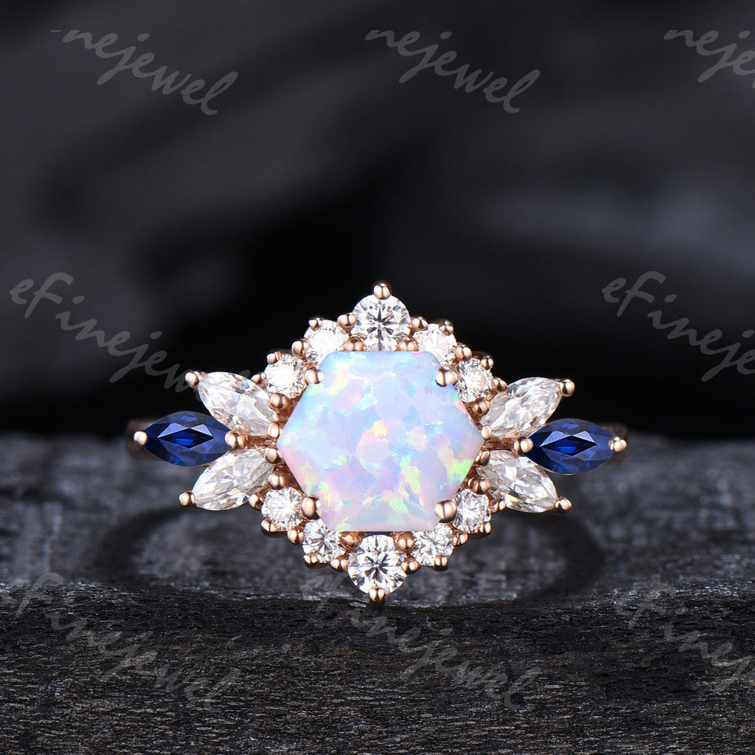 Vintage Hexagon Opal Engagement Ring Set, Sapphire & Moissanite Halo