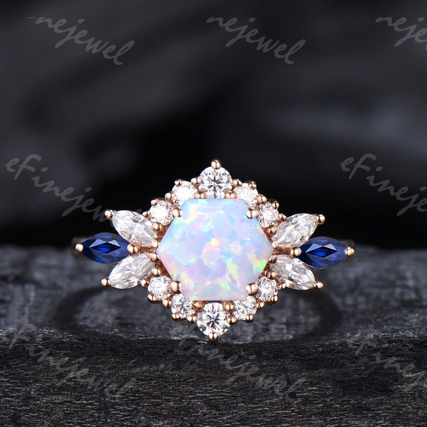 Vintage Hexagon Opal Engagement Ring Set, Sapphire & Moissanite Halo