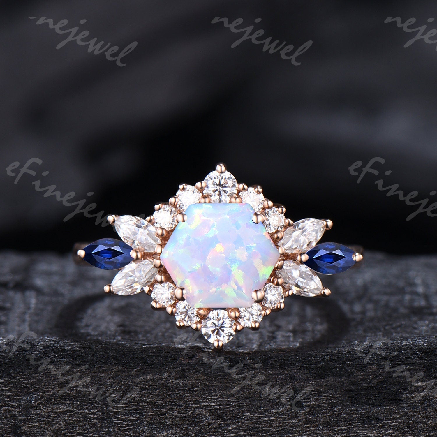Vintage Hexagon Opal Engagement Ring Set, Sapphire & Moissanite Halo