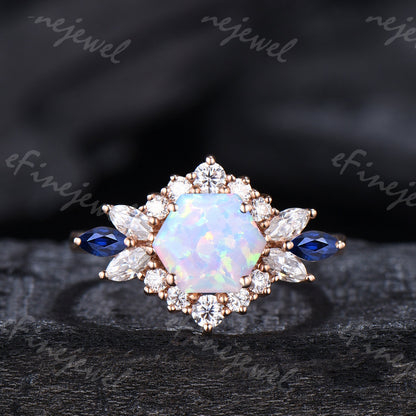 Vintage Hexagon Opal Engagement Ring Set, Sapphire & Moissanite Halo