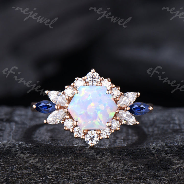 Vintage Hexagon Opal Engagement Ring Set, Sapphire & Moissanite Halo