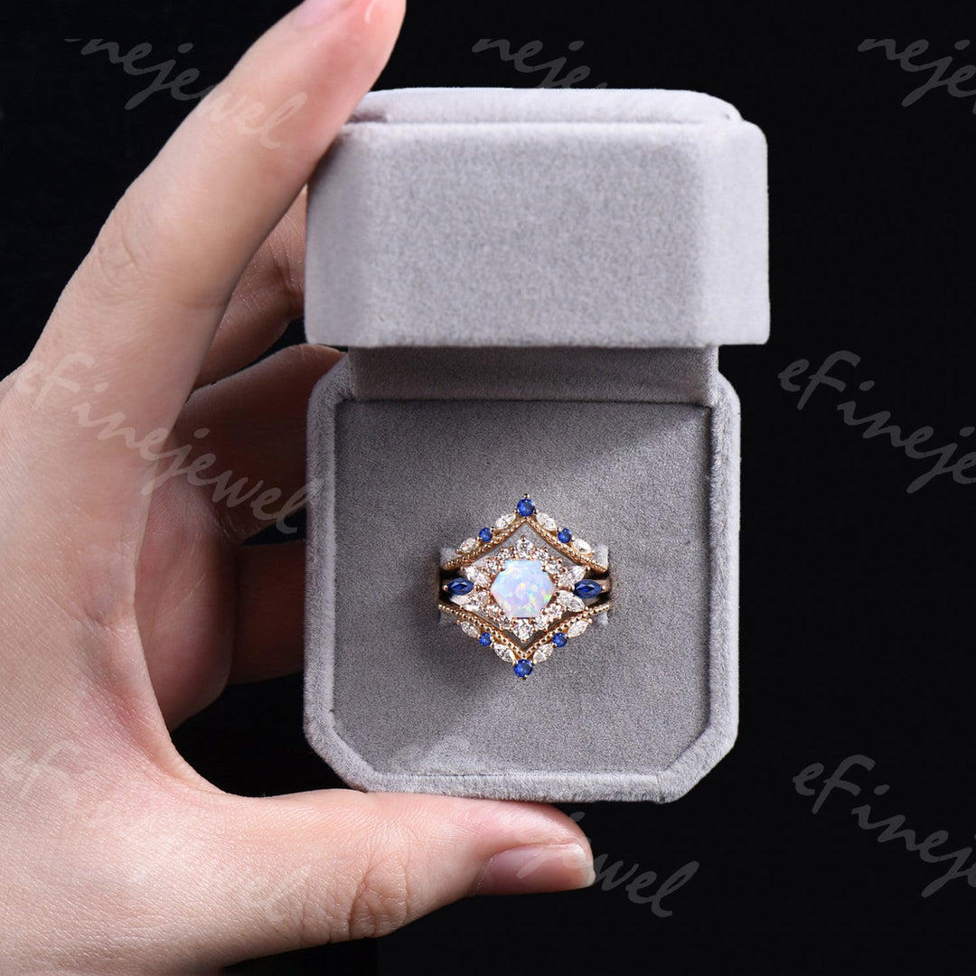 Vintage Hexagon Opal Engagement Ring Set, Sapphire & Moissanite Halo