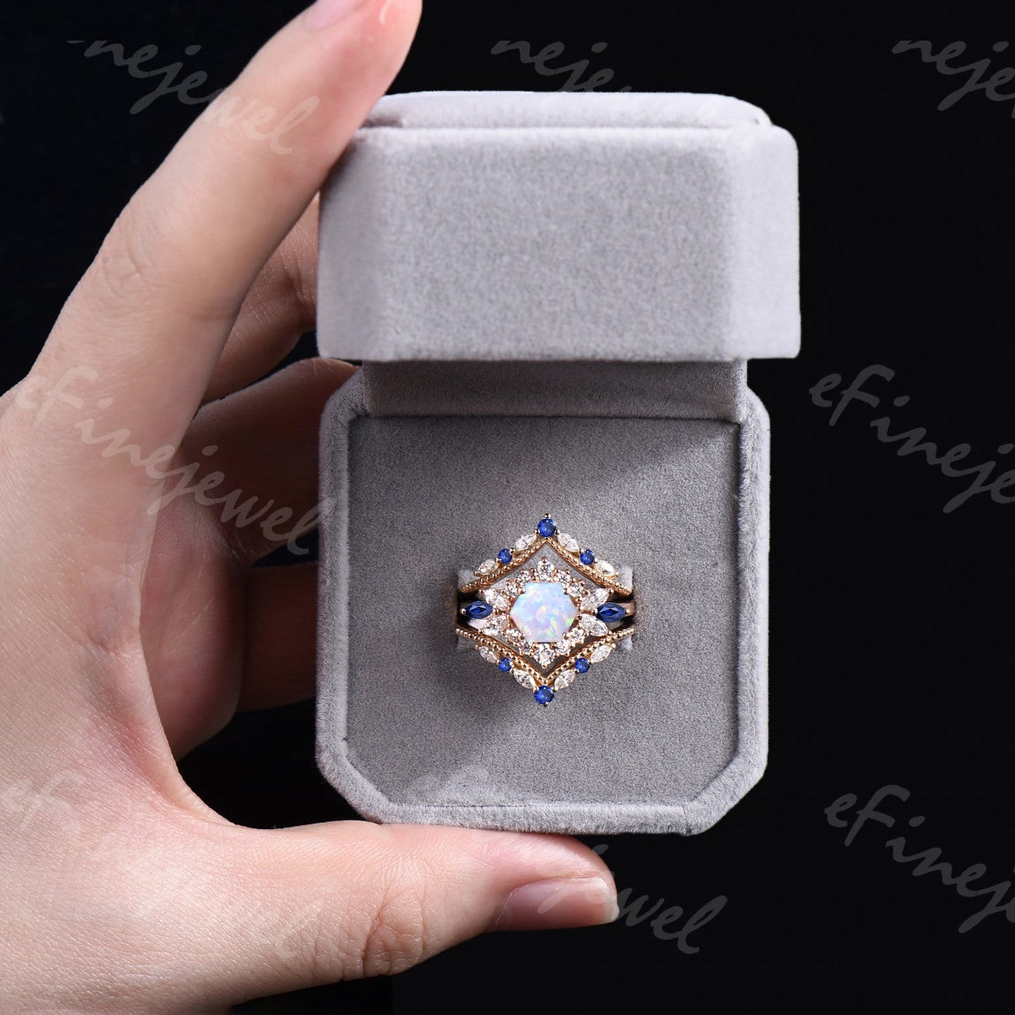 Vintage Hexagon Opal Engagement Ring Set, Sapphire & Moissanite Halo
