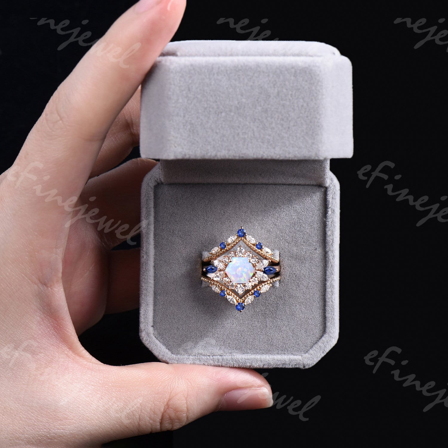 Vintage Hexagon Opal Engagement Ring Set, Sapphire & Moissanite Halo