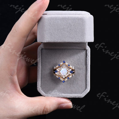 Vintage Hexagon Opal Engagement Ring Set, Sapphire & Moissanite Halo