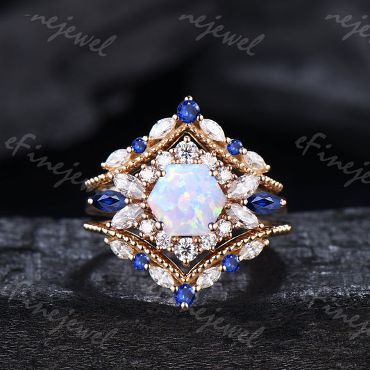 Vintage Hexagon Opal Engagement Ring Set, Sapphire & Moissanite Halo