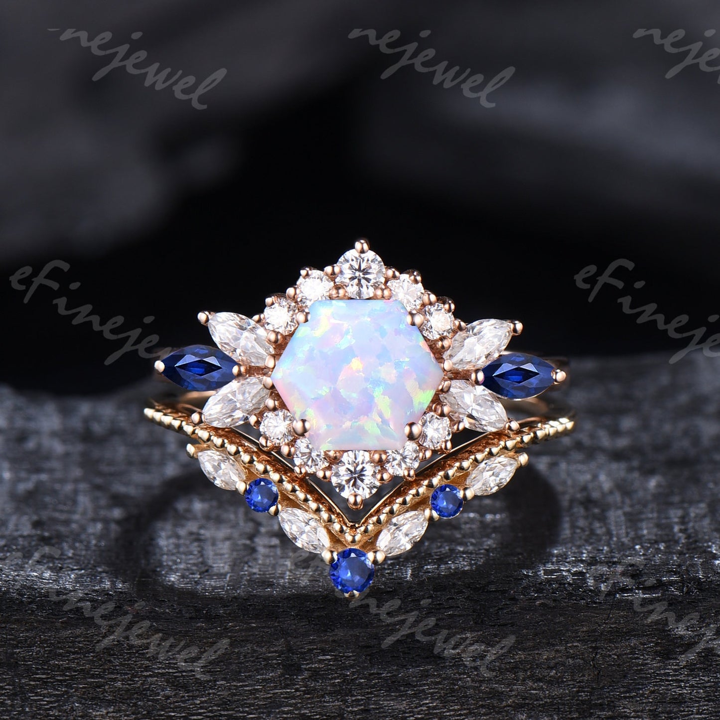 Vintage Hexagon Opal Engagement Ring Set, Sapphire & Moissanite Halo
