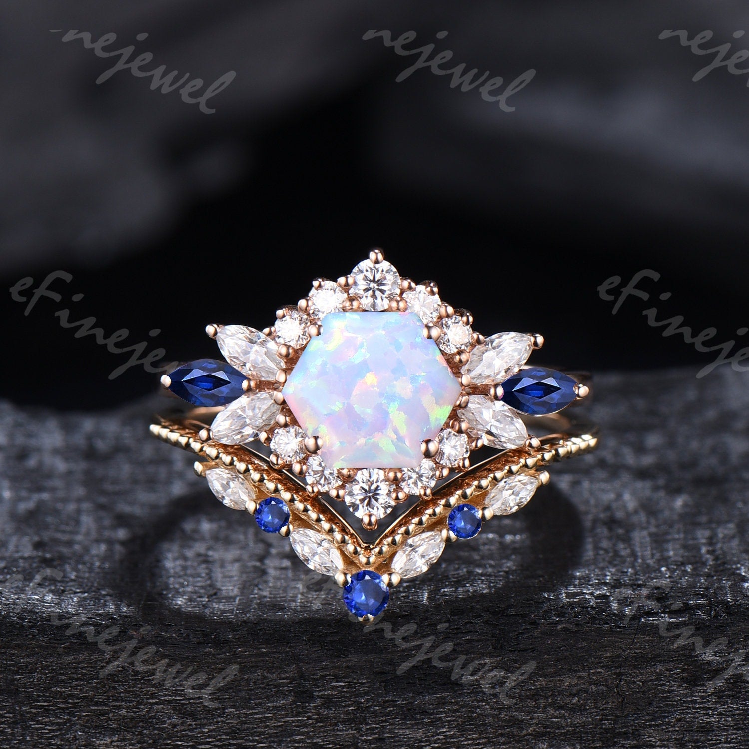 Vintage Hexagon Opal Engagement Ring Set, Sapphire & Moissanite Halo