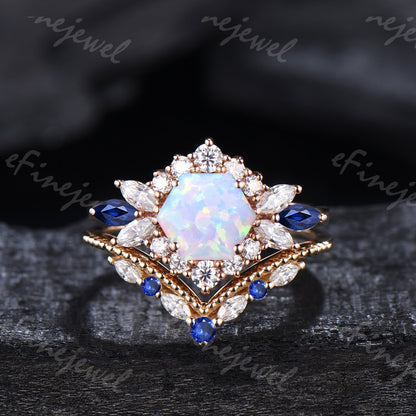 Vintage Hexagon Opal Engagement Ring Set, Sapphire & Moissanite Halo