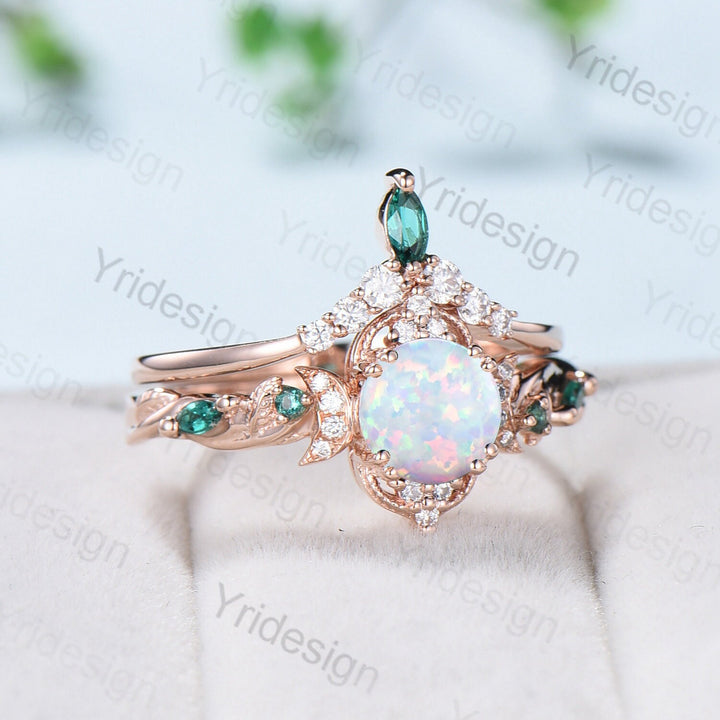 Vintage White Opal Engagement Ring Set Unique Leaves Nature Inspired Emerald Wedding Ring Set Art Deco Green Crystal Moissanite Bridal Set - PENFINE