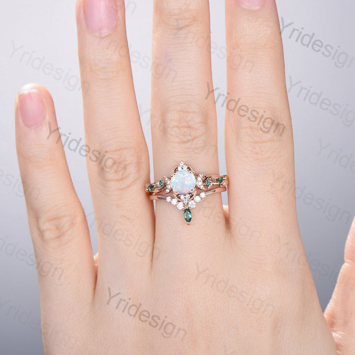 Vintage White Opal Engagement Ring Set Unique Leaves Nature Inspired Emerald Wedding Ring Set Art Deco Green Crystal Moissanite Bridal Set - PENFINE