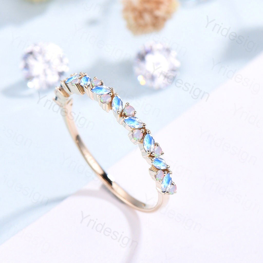 Vintage Marquise Moonstone Opal Wedding Band, 14k Yellow Gold Stacking Ring - PENFINE