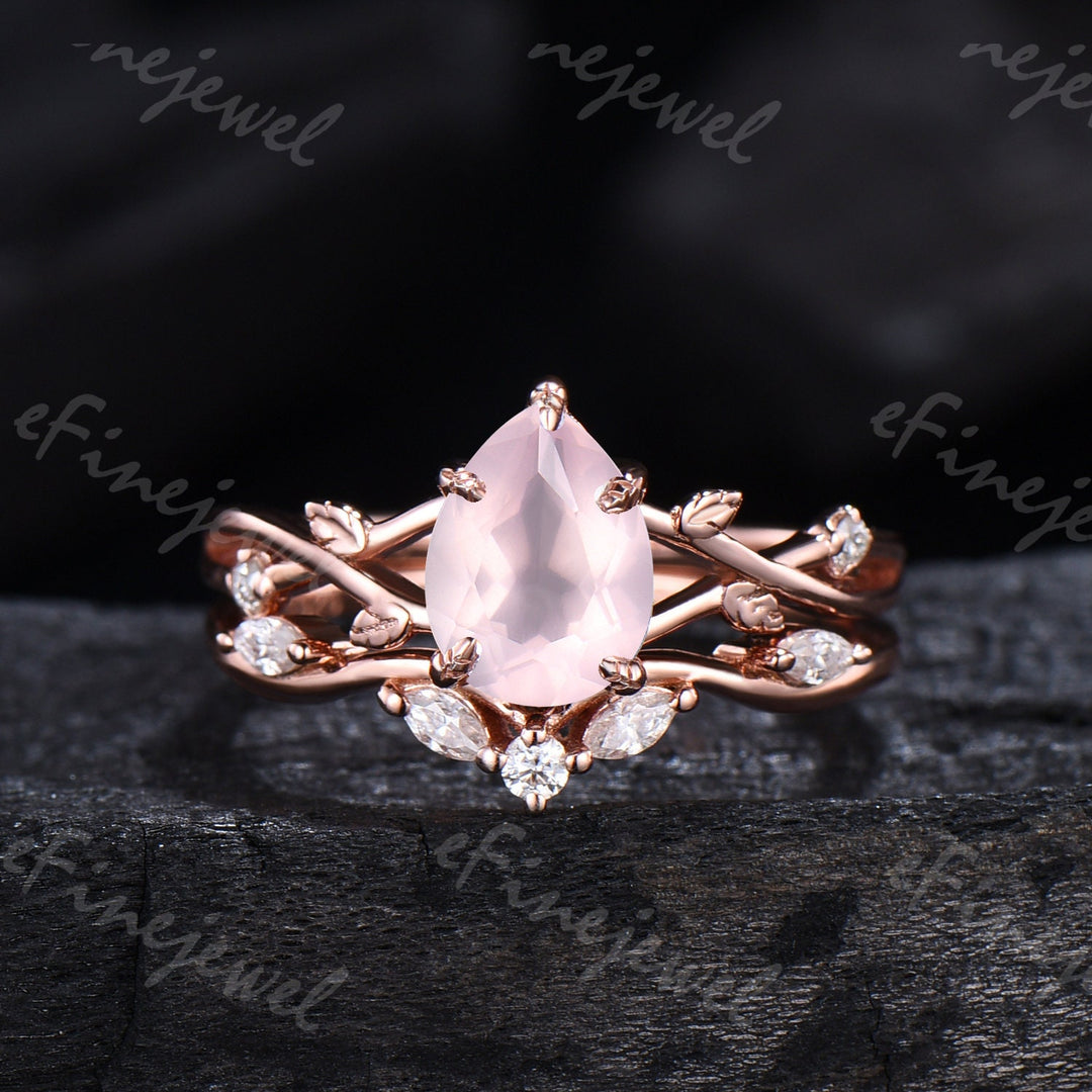 Rose Quartz Engagement Ring Set: Vintage Leaf Twig Bridal Set