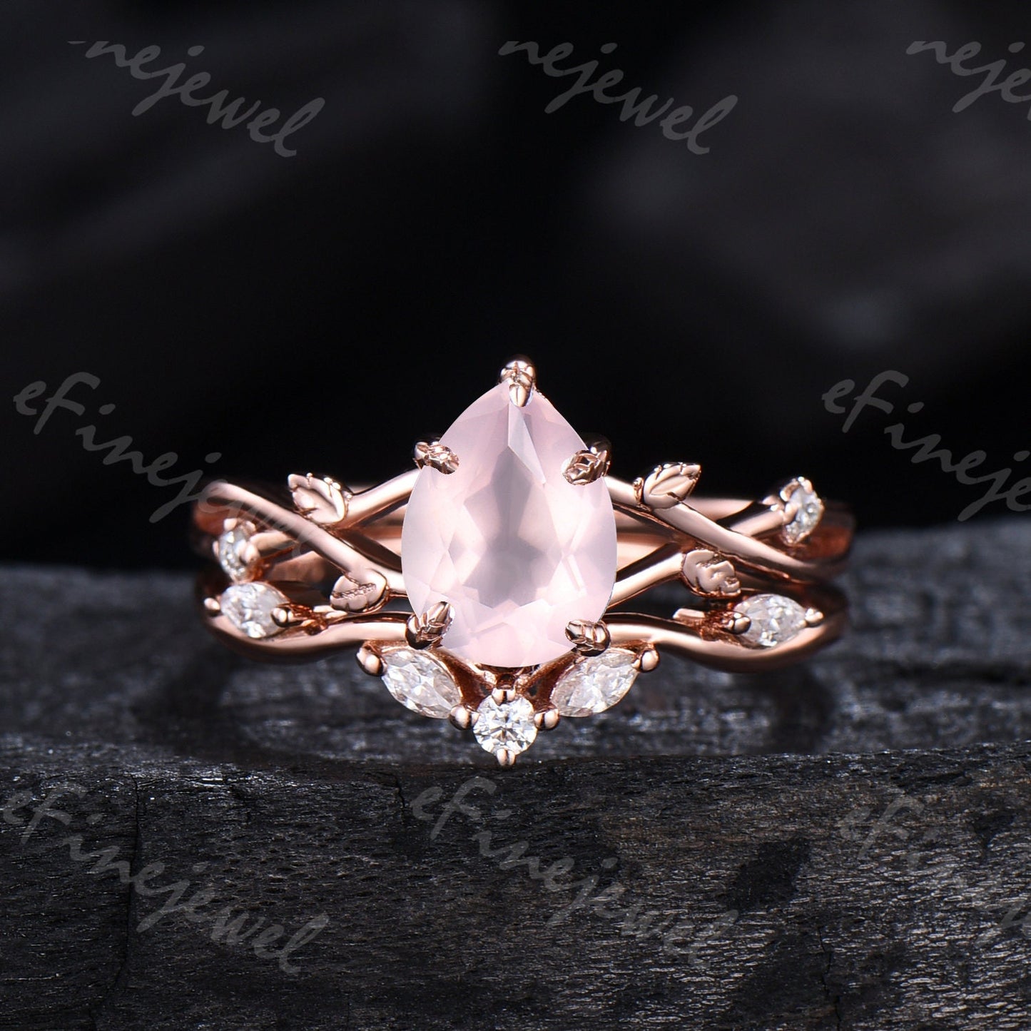 Rose Quartz Engagement Ring Set: Vintage Leaf Twig Bridal Set