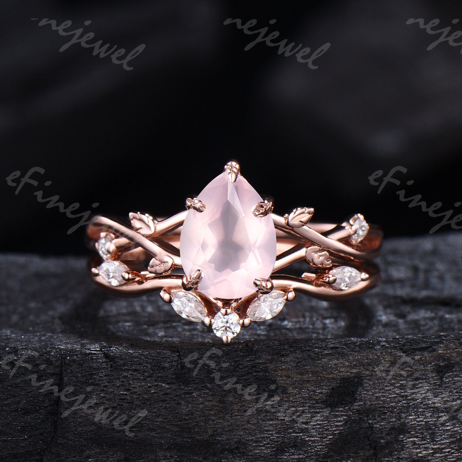 Rose Quartz Engagement Ring Set: Vintage Leaf Twig Bridal Set