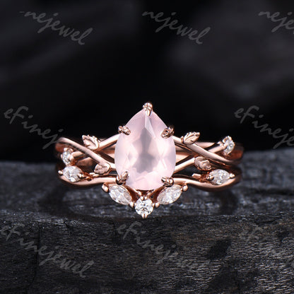 Rose Quartz Engagement Ring Set: Vintage Leaf Twig Bridal Set