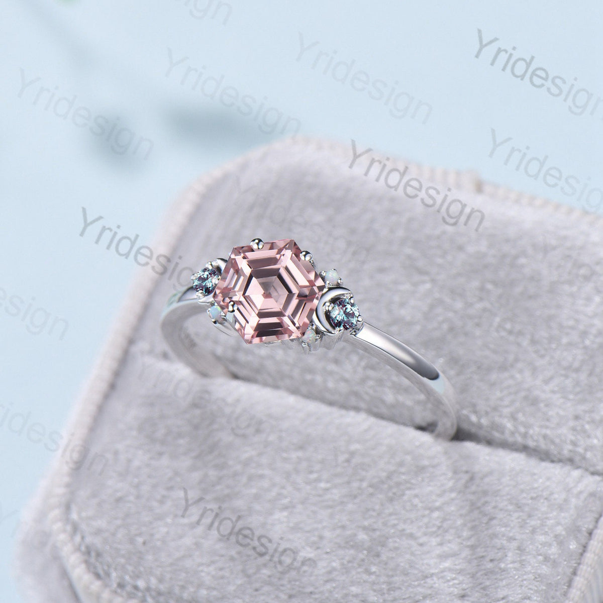 Vintage Moon Pink Sapphire Ring Unique Nature Inspired Hexagon Sapphire Engagement Ring Alternative Alexandrite Opal Wedding Ring For Women - PENFINE