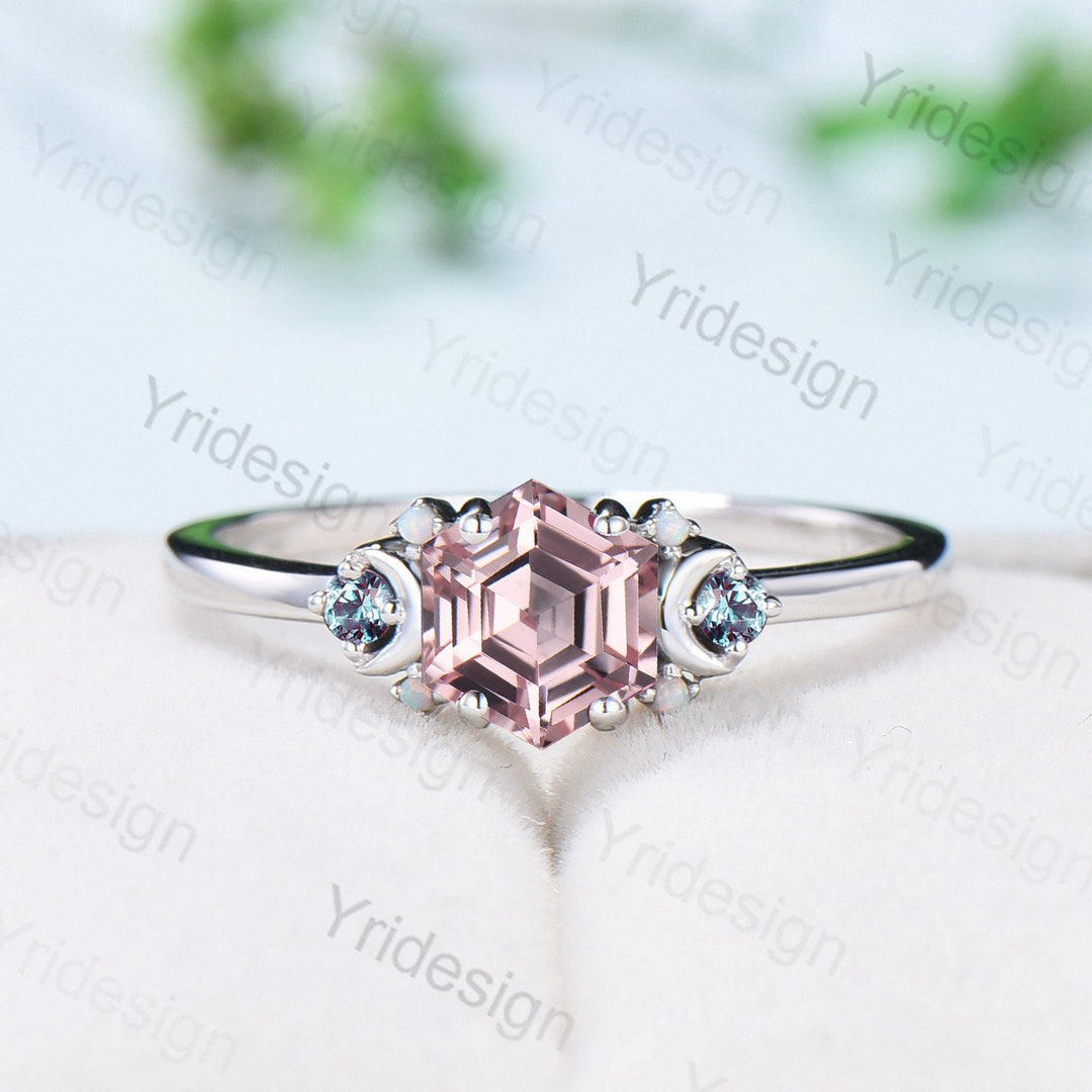 Vintage Moon Pink Sapphire Ring Unique Nature Inspired Hexagon Sapphire Engagement Ring Alternative Alexandrite Opal Wedding Ring For Women - PENFINE