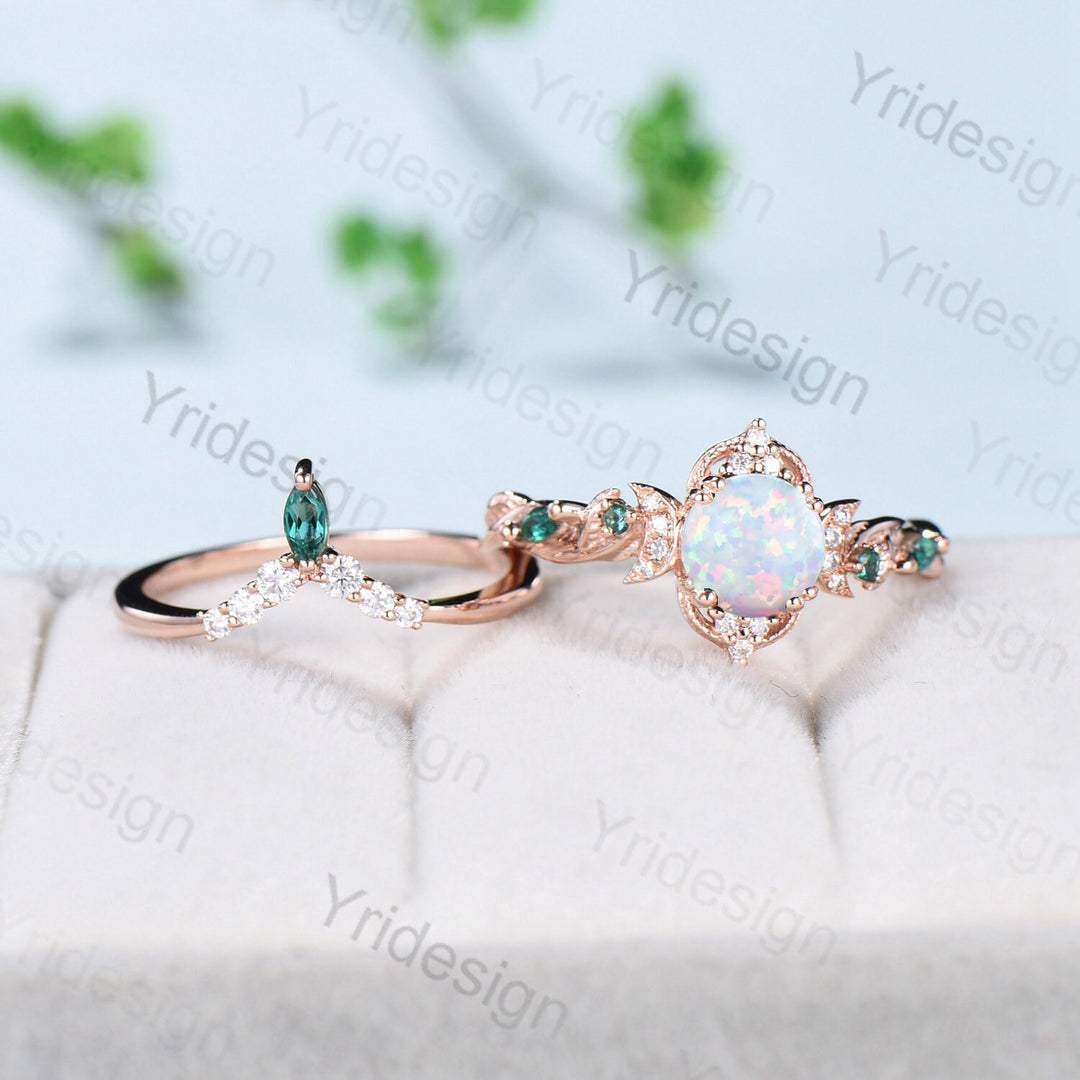 Vintage White Opal Engagement Ring Set Unique Leaves Nature Inspired Emerald Wedding Ring Set Art Deco Green Crystal Moissanite Bridal Set - PENFINE