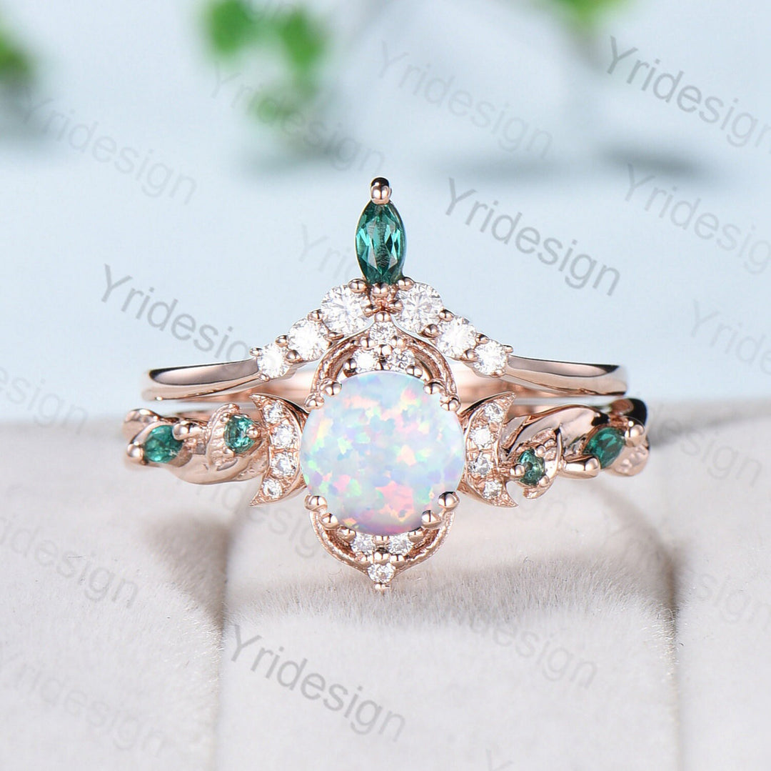 Vintage White Opal Engagement Ring Set Unique Leaves Nature Inspired Emerald Wedding Ring Set Art Deco Green Crystal Moissanite Bridal Set - PENFINE