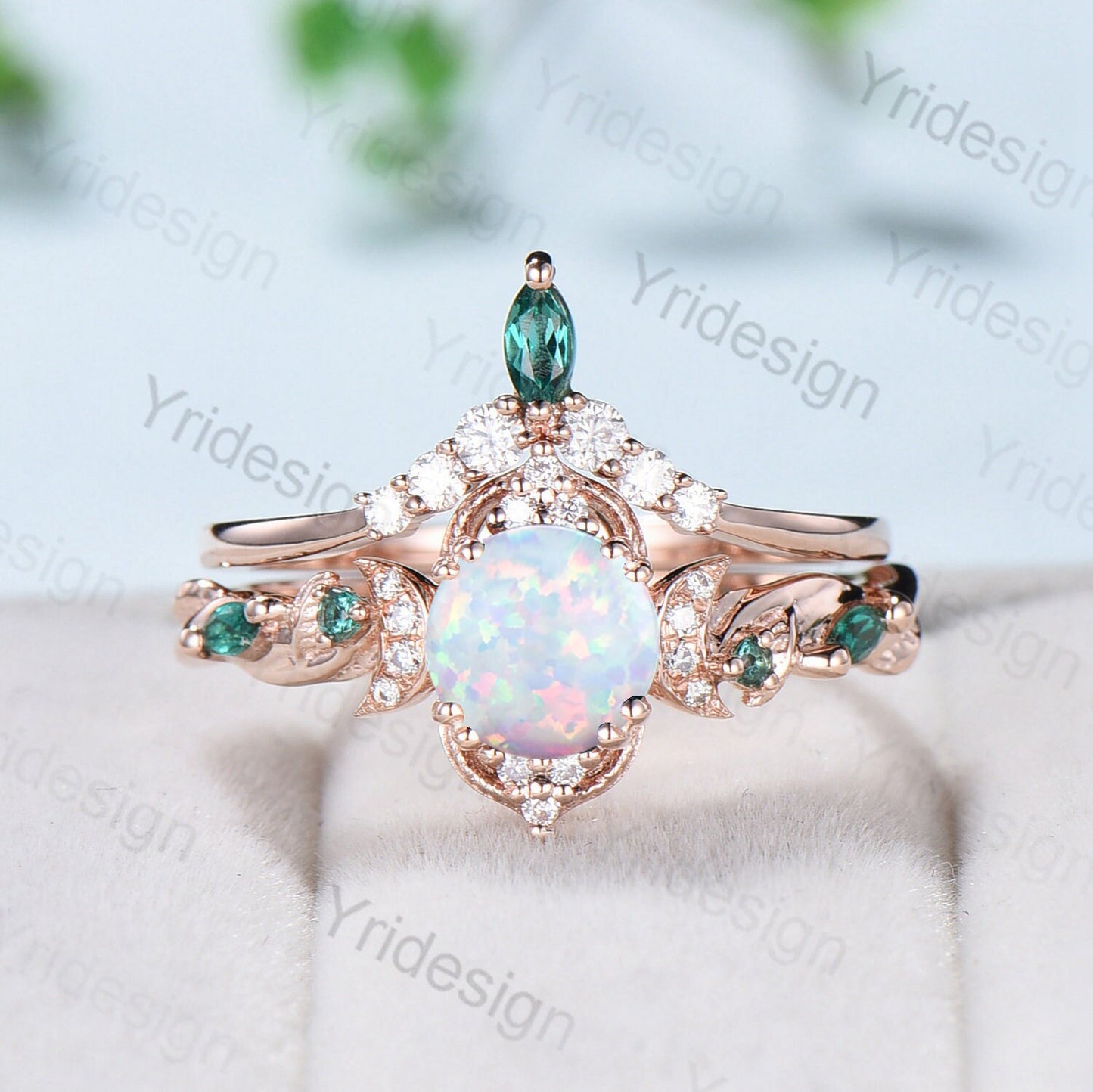 Vintage White Opal Engagement Ring Set Unique Leaves Nature Inspired Emerald Wedding Ring Set Art Deco Green Crystal Moissanite Bridal Set - PENFINE