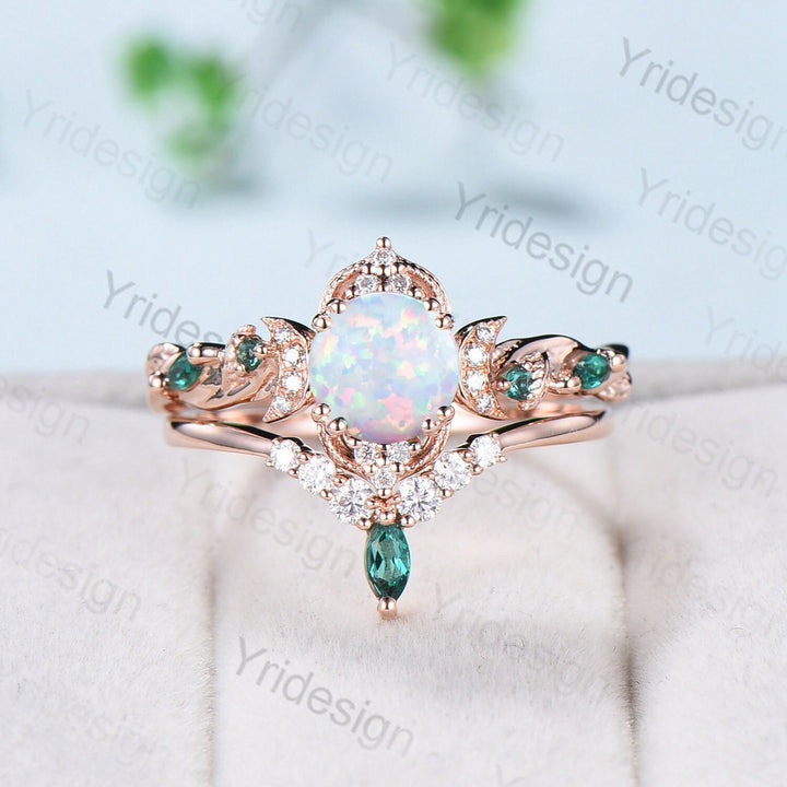 Vintage White Opal Engagement Ring Set Unique Leaves Nature Inspired Emerald Wedding Ring Set Art Deco Green Crystal Moissanite Bridal Set - PENFINE