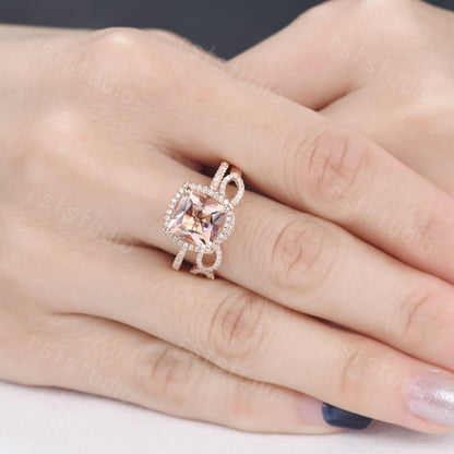 Princess Cut Morganite Engagement Ring Set, Diamond Infinity Band, 14K Rose Gold