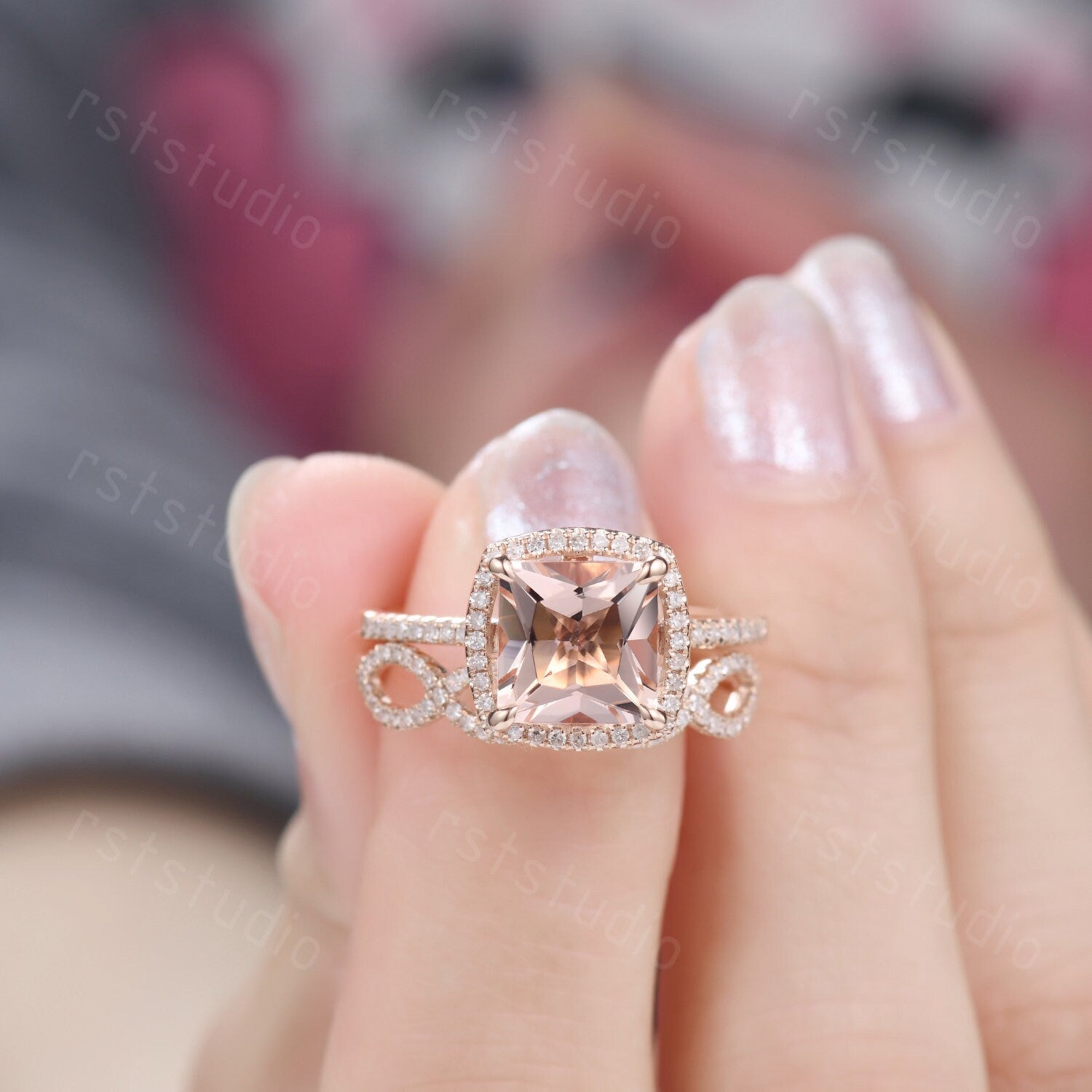 Princess Cut Morganite Engagement Ring Set, Diamond Infinity Band, 14K Rose Gold