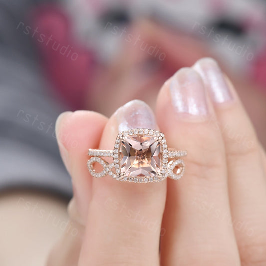 Princess Cut Morganite Engagement Ring Set, Diamond Infinity Band, 14K Rose Gold