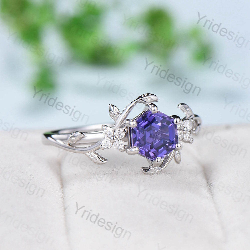 Hexagon Cut Lab Purple Sapphire Ring - Nature Inspired Leaf Vine Band - PENFINE
